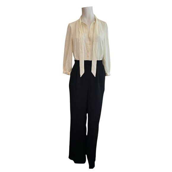 Modcloth Womens Size 2 Black Cream Front Tie 3/4 Sleeve Jumpsuit - Picture 2 of 6